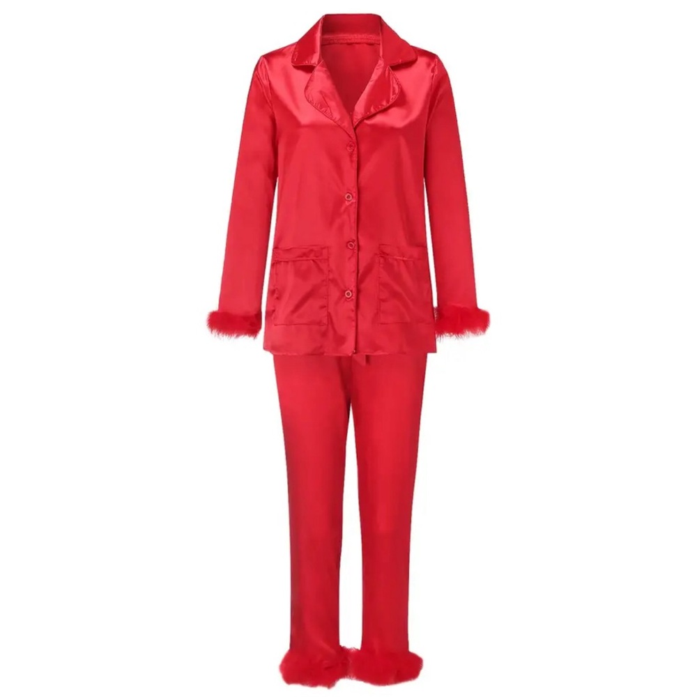 Feather Trim Satin Button-Up Top and Bottoms Pajamas